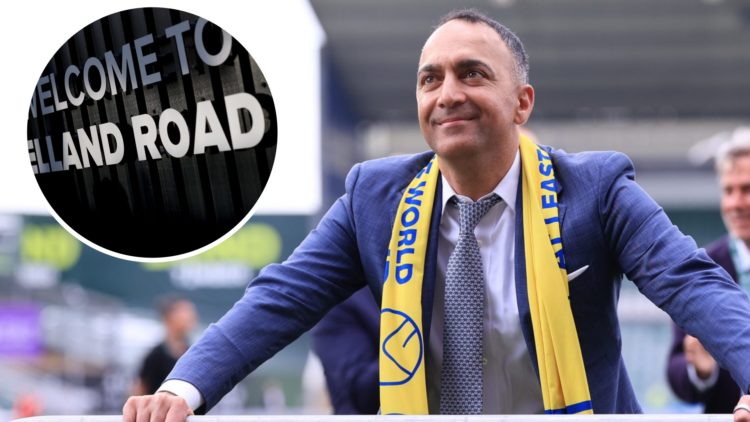 Leeds United chairman Paraag Marathe (right) and a sign at Elland Road (left)