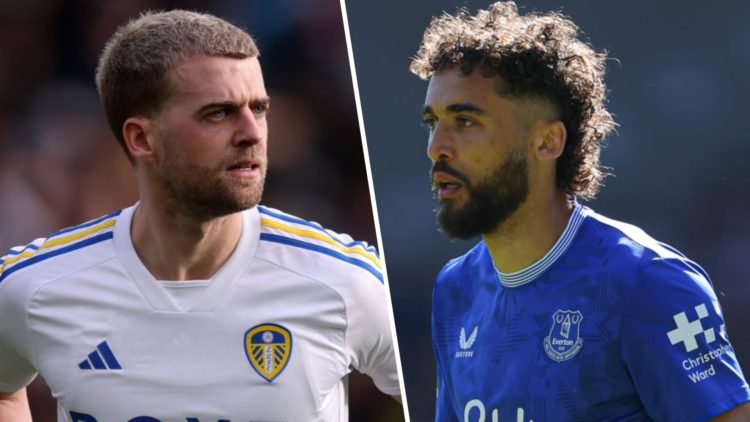 Patrick Bamford playing for Leeds and Dominic Calvert-Lewin playing for Everton.