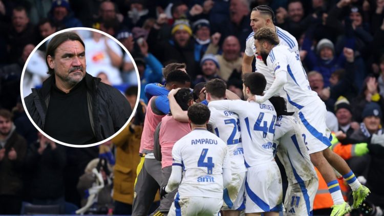 Leeds United player Largie Ramazani is mobbed by teammates with Daniel Farke inset