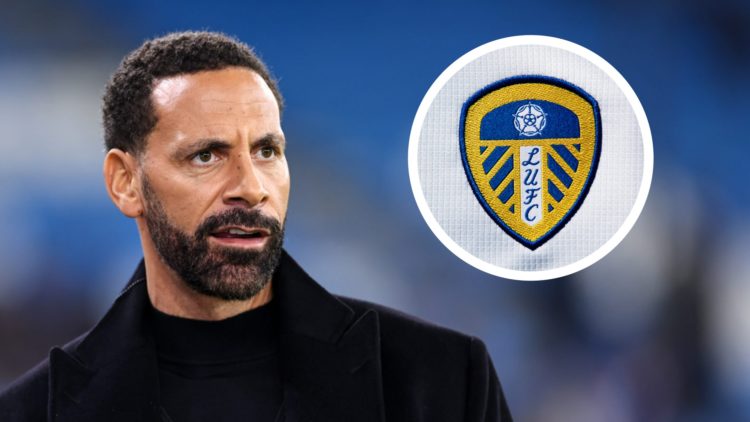 Pundit Rio Ferdinand before a game. Inset a picture of the official club badge of Leeds United.