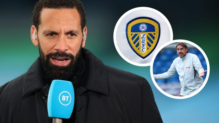 Pundit Rio Ferdinand speaks on BT Sports. Inset a picture of the official club badge of Leeds United and Leeds United manager Daniel Farke.