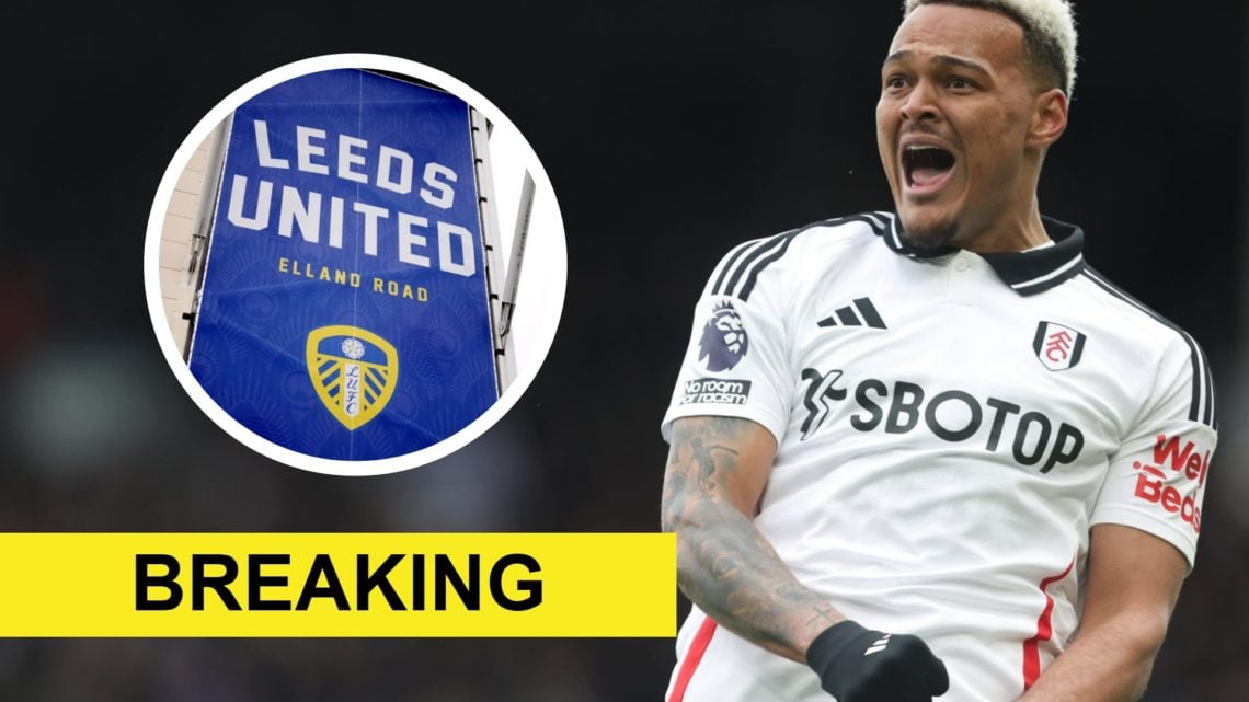 Fulham striker Rodrigo Muniz celebrates scoring a goal. Inset a picture of Leeds United's Elland Road stadium.