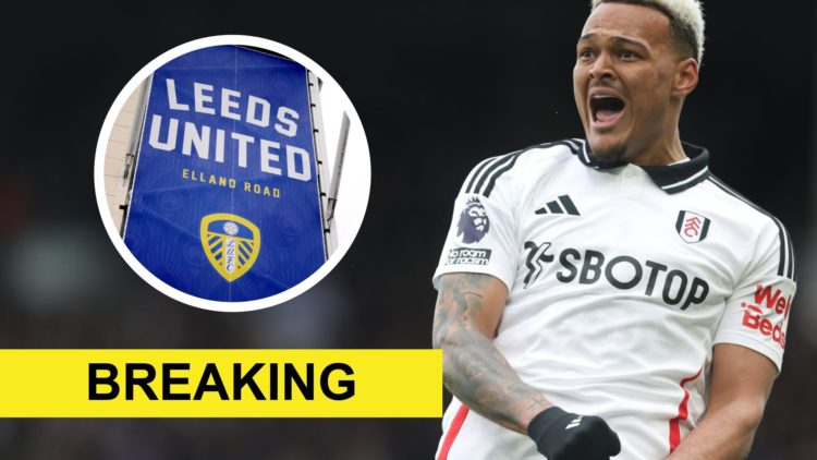 Fulham striker Rodrigo Muniz celebrates scoring a goal. Inset a picture of Leeds United's Elland Road stadium.