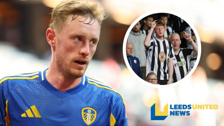 Leeds United midfielder Sean Longstaff in action. Inset a picture of Newcastle United supporters.