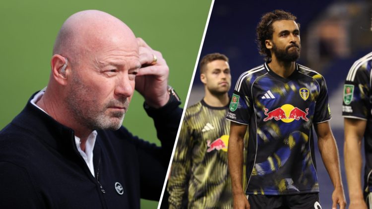 Split image of pundit Alan Shearer and Leeds United forward Dominic Calvert-Lewin