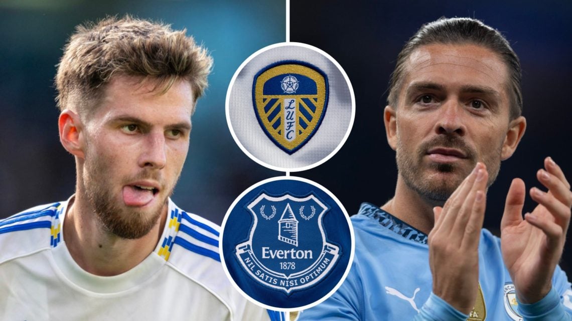 Split image: Close up of Anton Stach playing football (L). Jack Grealish applauding fans (R). Insets: Leeds United and Everton club crests.