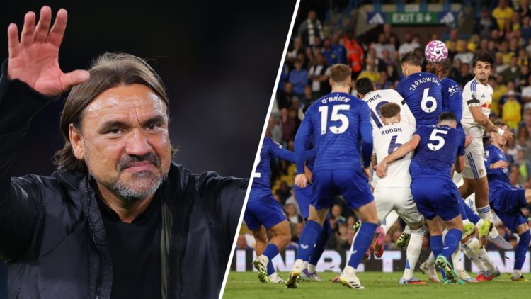 Split image Daniel Farke and Leeds United defender Pascal Struijk jumping for a header