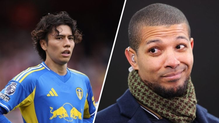 Split image of Leeds United player Ao Tanaka and pundit Jermaine Beckford