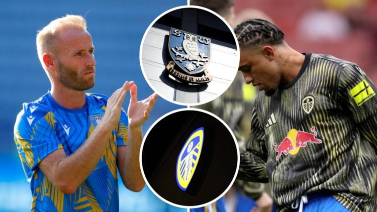 Split image: Barry Bannan applauds fans (L). Noah Okafor warms up (R). Insets: Sheffield Wednesday badge and Leeds United crest.