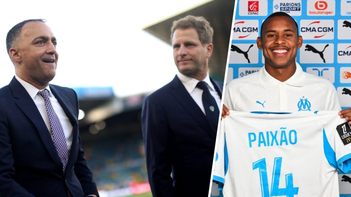 49ers and Leeds chairman Paraag Marathe (left) with Marseille's Igor Paixao (right)