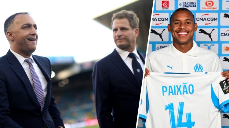 49ers and Leeds chairman Paraag Marathe (left) with Marseille's Igor Paixao (right)
