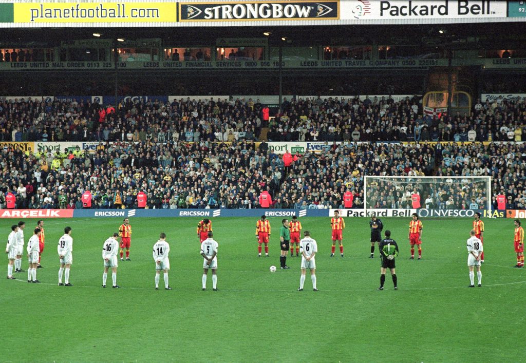 The Leeds and Galatasaray players hold a minute's silence for Christopher Loftus and Kevin Speight.