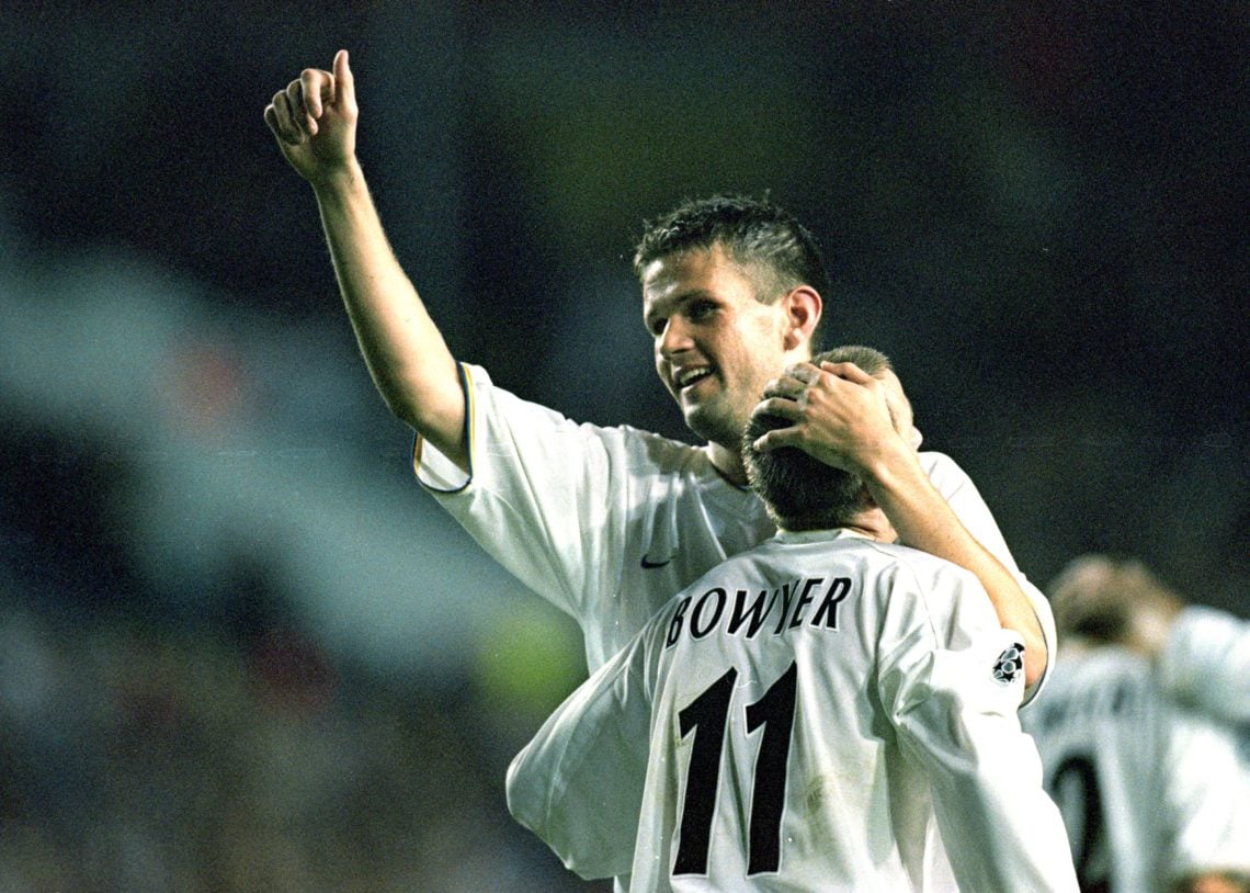 26 Sep 2000:  Eirik Bakke and Lee Bowyer of Leeds United celebrate during the UEFA Champions League match against Besiktas at Elland Road, in Leeds...