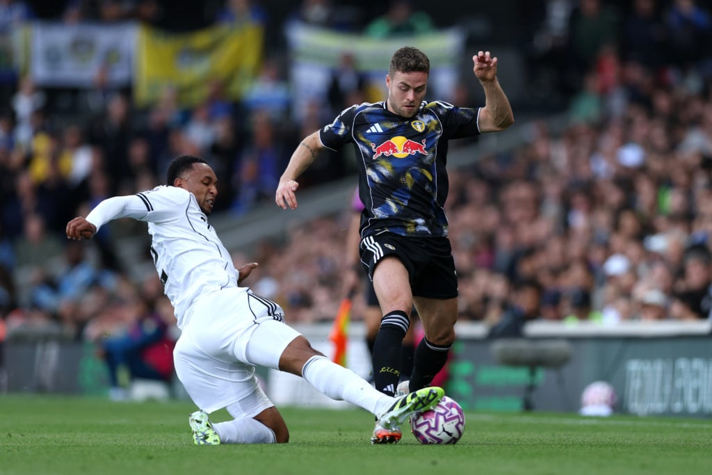 Gabriel Gudmundsson challenges for a ball against Fulham.