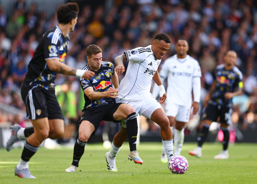 Gabriel Gudmundsson tussles with Rodrigo Muniz.