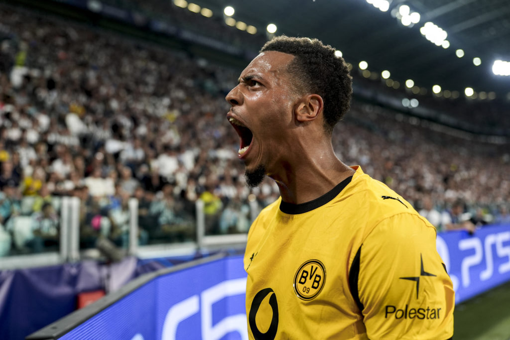 Felix Nmecha scores for Dortmund in the Champions League.