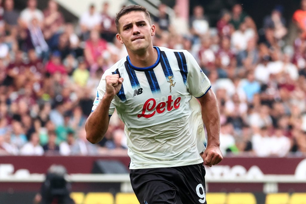 Nikola Krstovic celebrates after scoring for Atalanta against Torino.