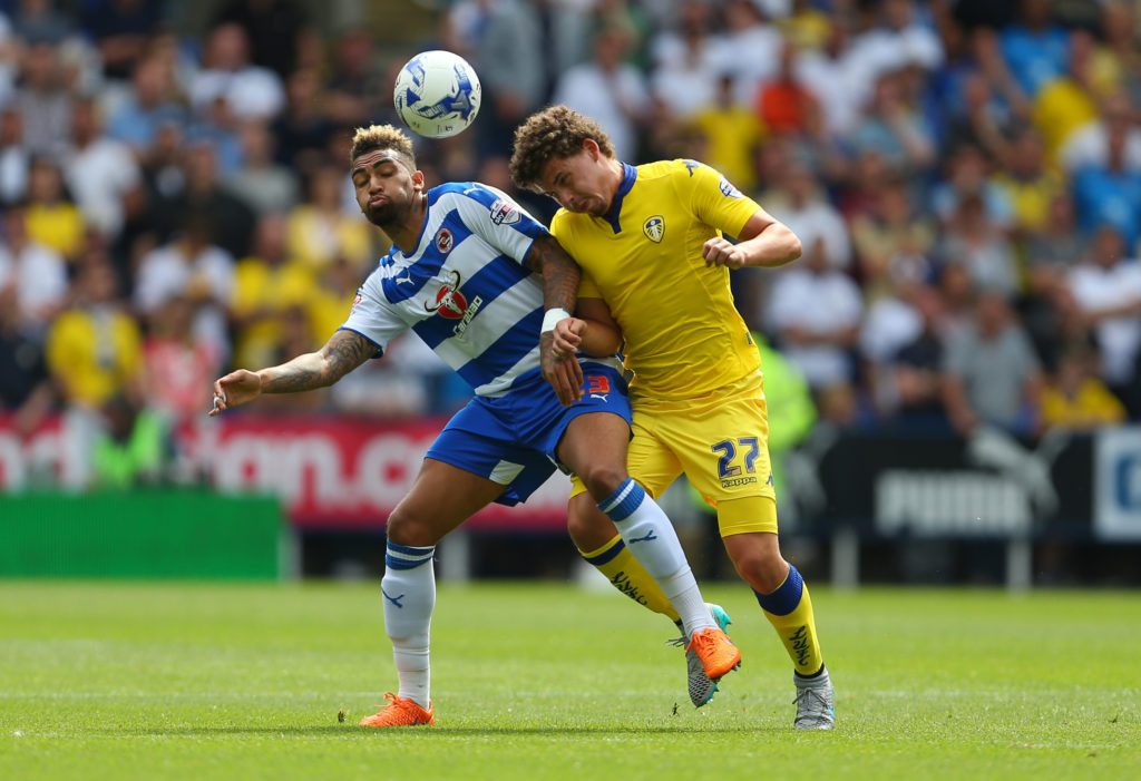 Kalvin Phillips challenges for the ball during Reading v Leeds