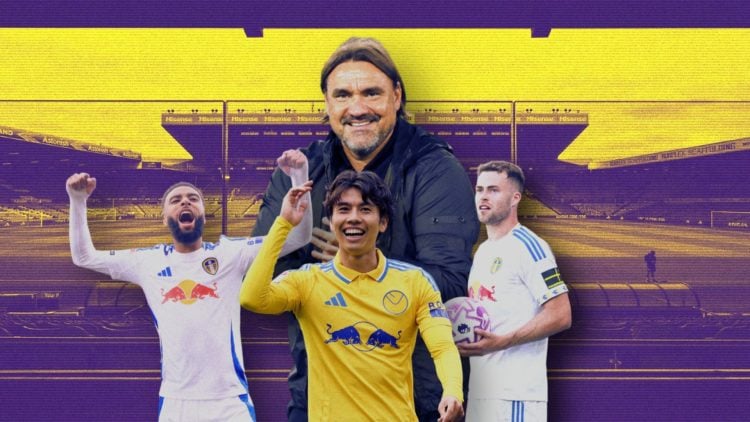 Collage of Daniel Farke, Jayden Bogle, Ao Tanaka and Gabriel Gudmundsson in front of Elland Road.