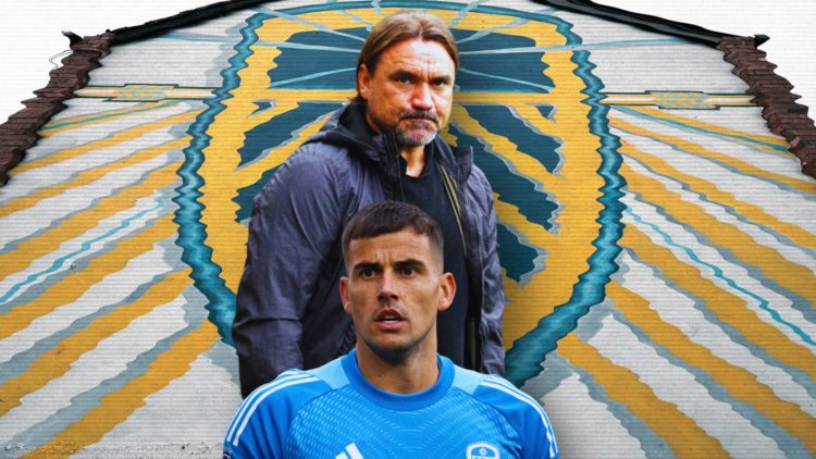 Collage of Daniel Farke and Karl Darlow in front of a Leeds United mural.
