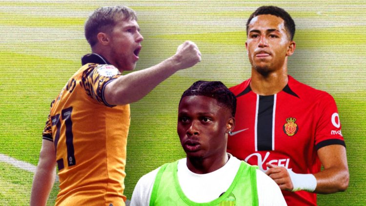 Collage of Joe Gelhardt, Largie Ramazani and Mateo Joseph in front of a football pitch.