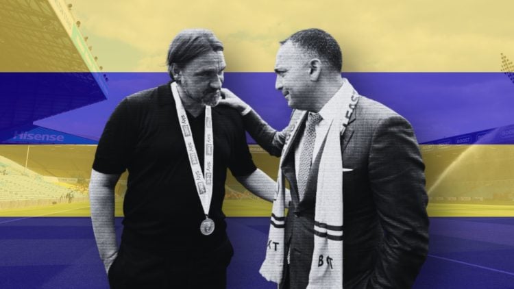Daniel Farke and Paraag Marathe embrace in front of a yellow and blue back ground.