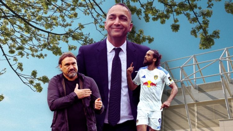 Collage of Paraag Marathe, Daniel Farke and Dominic Calvert-Lewin in front of Elland Road.