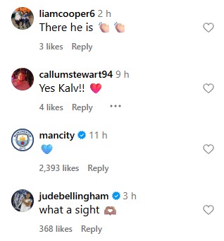 Former Leeds United captain Liam Cooper, Manchester City and England star Jude Bellingham commenting on an Instagram post by Kalvin Phillips