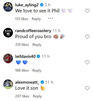 Former Leeds United players Luke Ayling, Leif Davis and Alex Mowatt comment on an instagram post by Kalvin Phillips