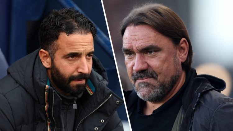 Split image of Manchester United manager Ruben Amorim and Leeds United boss Daniel Farke