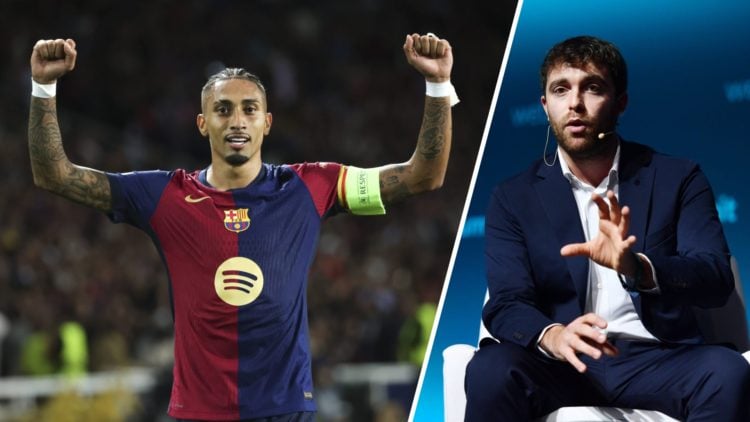 Barcelona winger Raphinha (left) and football transfer guru Fabrizio Romano (right)