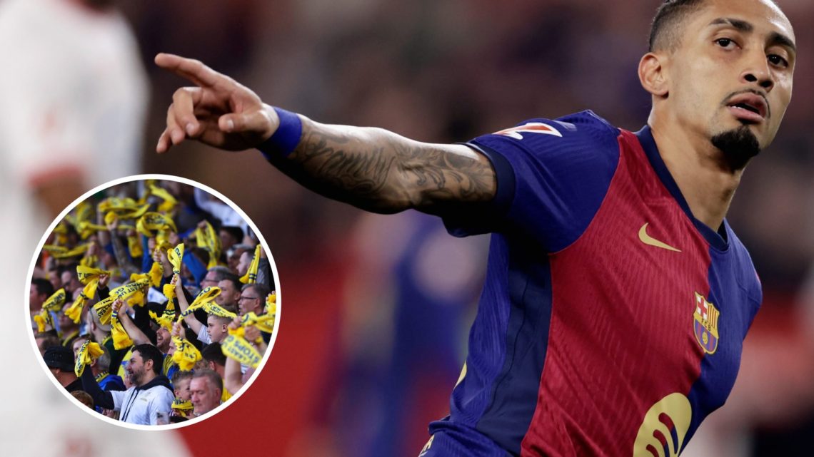 Barcelona winger Raphinha (right) and Leeds United fans (left)