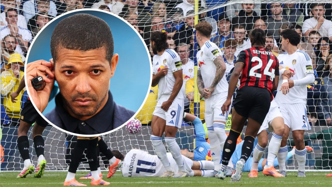 Antoine Semenyo scores a free-kick against Leeds United with pundit Jermaine Beckford inset