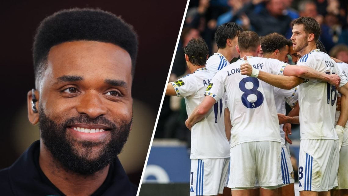 Split image of pundit Darren Bent and Leeds United players celebrating Dominic Calvert-Lewin's goal