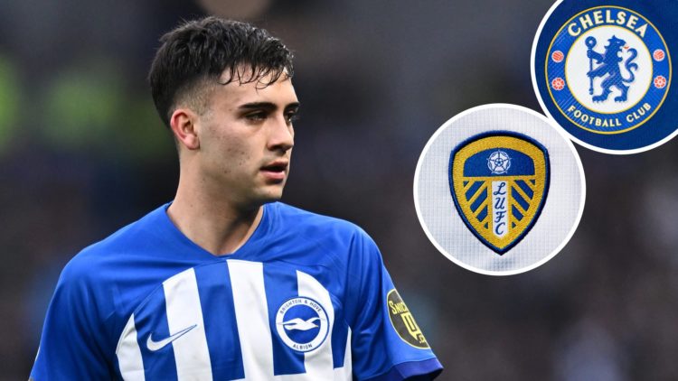 Brighton's Facundo Buonanotte (left) with Leeds and Chelsea crests (right)