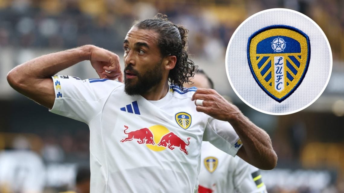 Dominic Calvert-Lewin celebrates with the Leeds United badge inset
