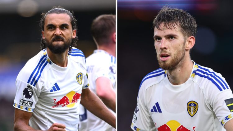 Split image of Leeds United players Dominic Calvert-Lewin and Anton Stach