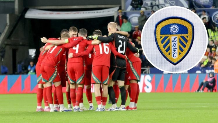 Charlie Crew joins the Wales team huddle with the Leeds United badge inset