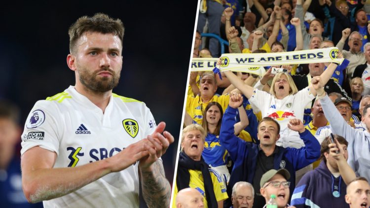 Split image of Stuart Dallas and the Leeds United fans