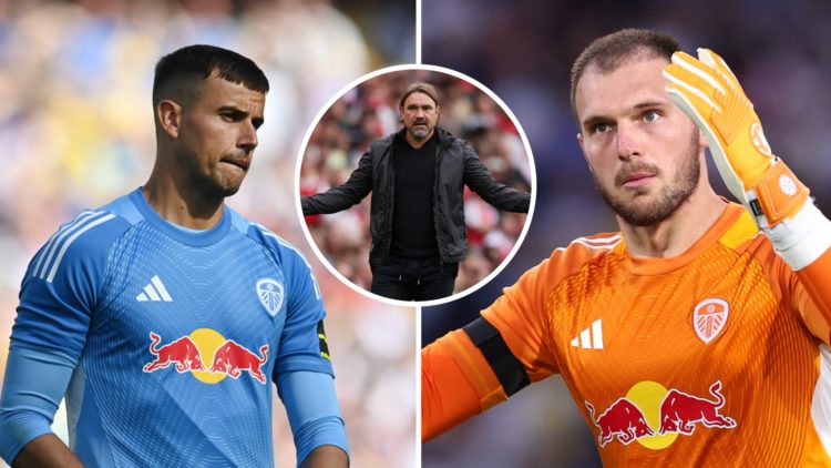 Split image of Leeds United goalkeepers Karl Darlow and Lucas Perri with Daniel Farke inset