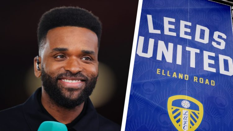 Split image of pundit Darren Bent in action, and a general view of Leeds United's Elland Road stadium.