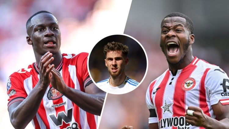 Split image: Habib Diarra applauds Sunderland fans (L). Dango Ouattara celebrates (R). Inset: Close up of Leeds' Anton Stach.