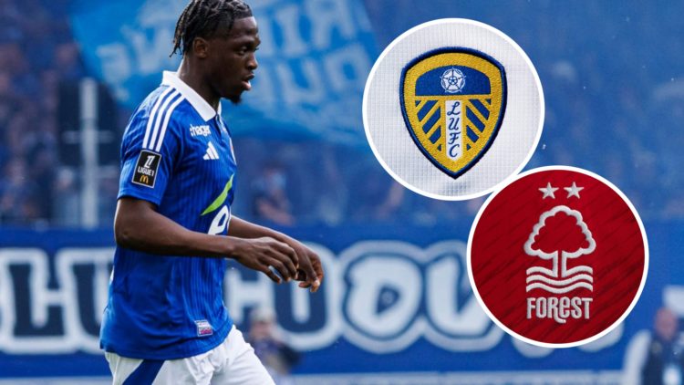 Strasbourg winger Dilane Bakwa (left) and Leeds United crest with Nottingham Forest crest (right)