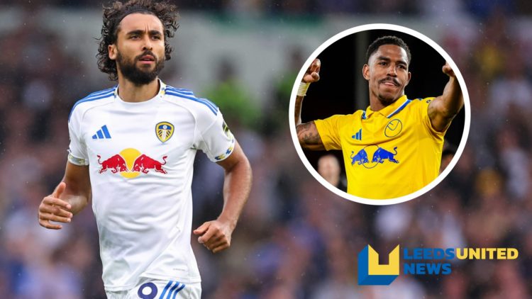 Dominic Calvert-Lewin in action for Leeds United. Inset, Junior Firpo celebrates a goal.