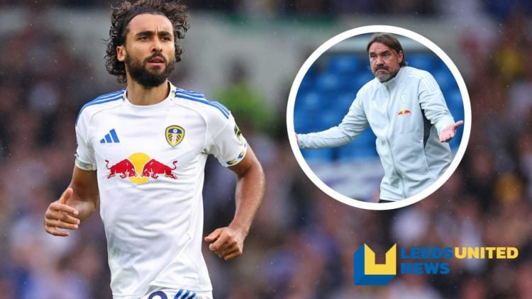 Leeds United striker Dominic Calvert-Lewin in action. Inset a picture of Leeds United manager Daniel Farke shrugging his shoulders.