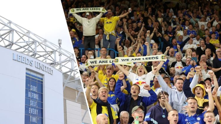 Elland Road stadium (left) and Leeds United fans (right)