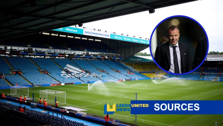 Elland Road stadium (left) with Angus Kinnear (right) and LUN Sources banner