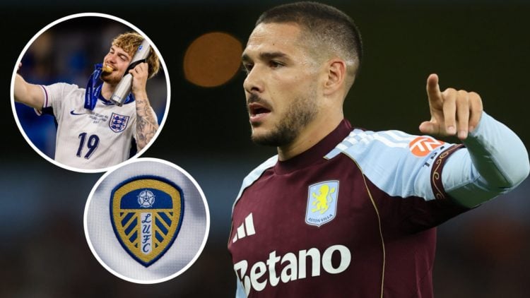 Aston Villa's Emi Buendia (right) with England's Harvey Elliott and Leeds United crest (left)