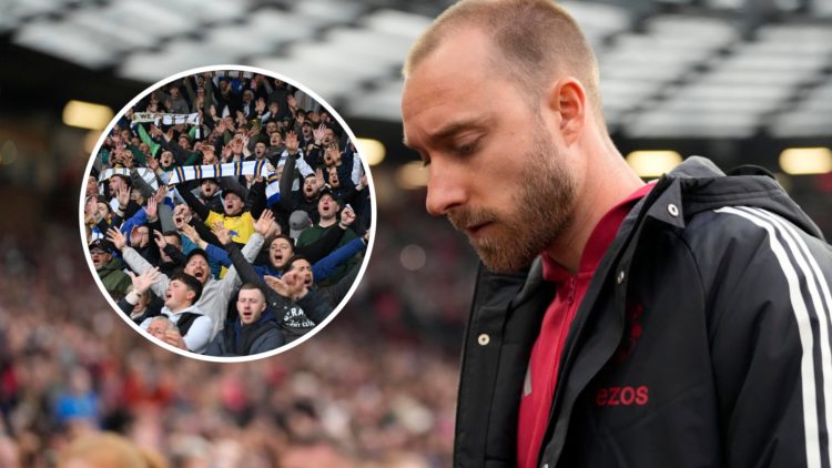 Christian Eriksen looks down at Old Trafford. Inset: Leeds United fans hold scarves.