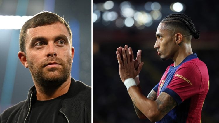 Transfer guru Fabrizio Romano (left) and Barcelona winger Raphinha (right)